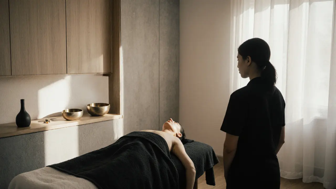 A minimalist massage room with aromatherapy and sound healing tools, evoking peace and stillness.