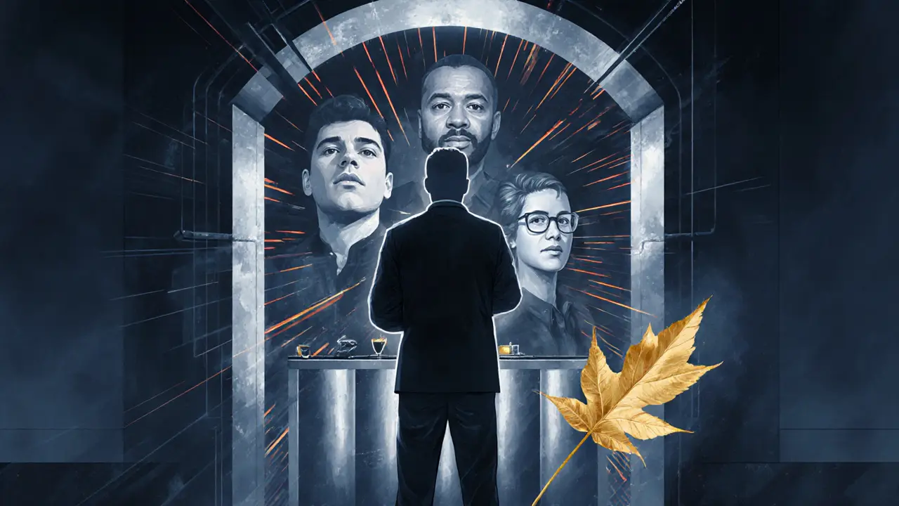 A mysterious bouncer at a club entrance, surrounded by abstract figures and a floating gold leaf, evoking exclusivity and atmosphere.