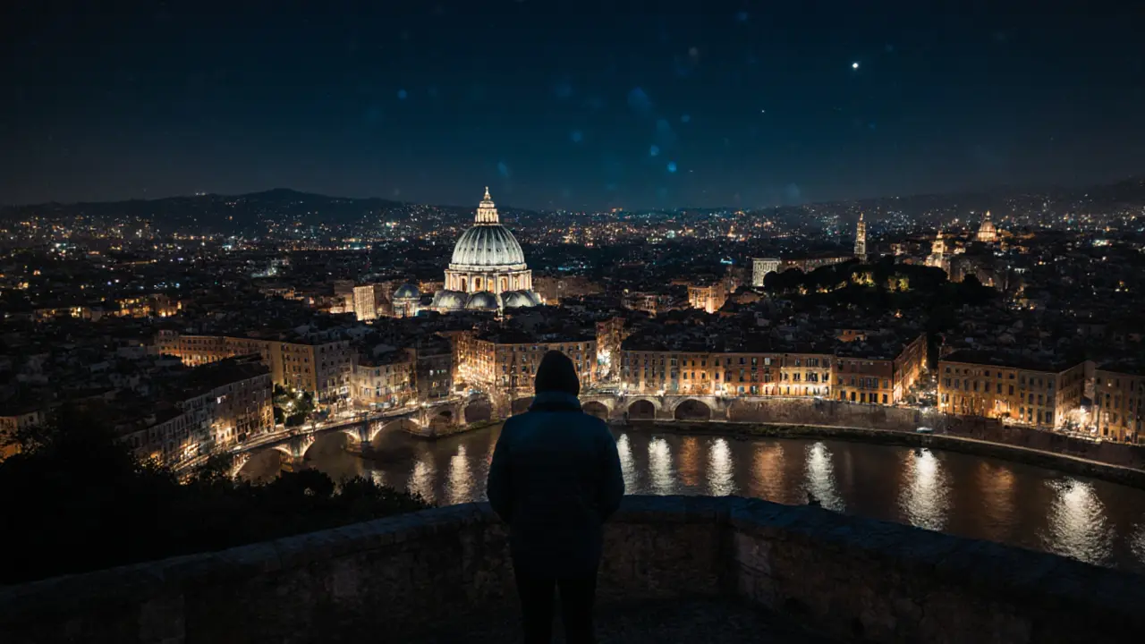 A panoramic night view from Gianicolo Hill showing Rome’s illuminated domes and rooftops.