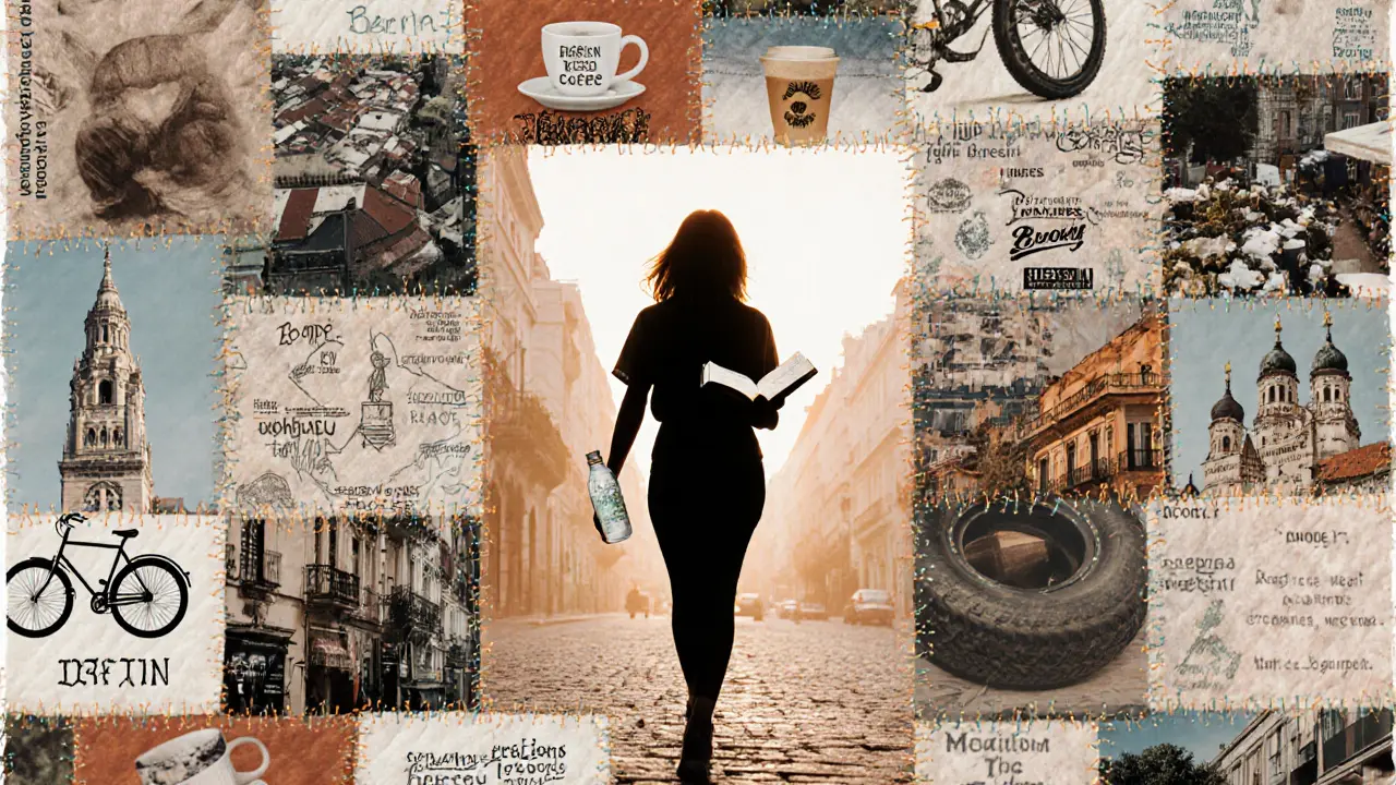 A patchwork quilt of European cities stitched with everyday objects, centered on a walking silhouette.