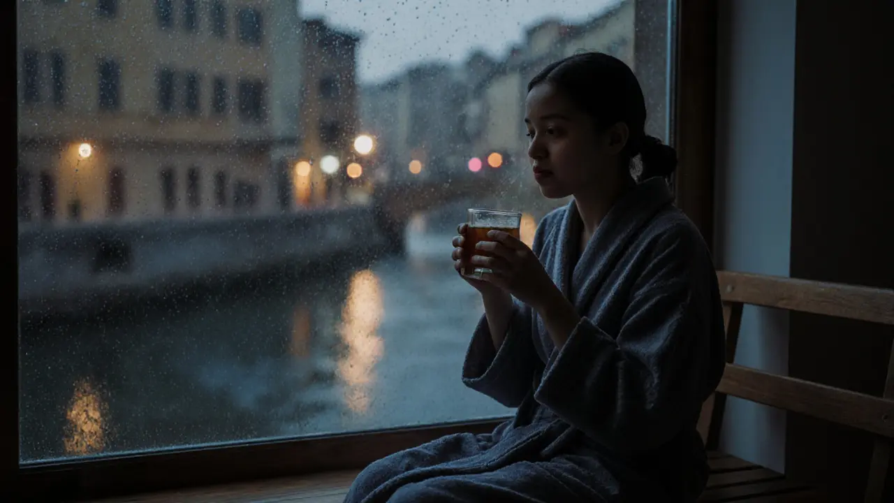 A person sits quietly after a massage, sipping tea by a rainy window, lost in peaceful reflection.