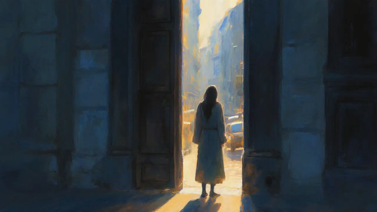 A person standing at a doorway, symbolizing the transition from stress to emotional release in Milan.