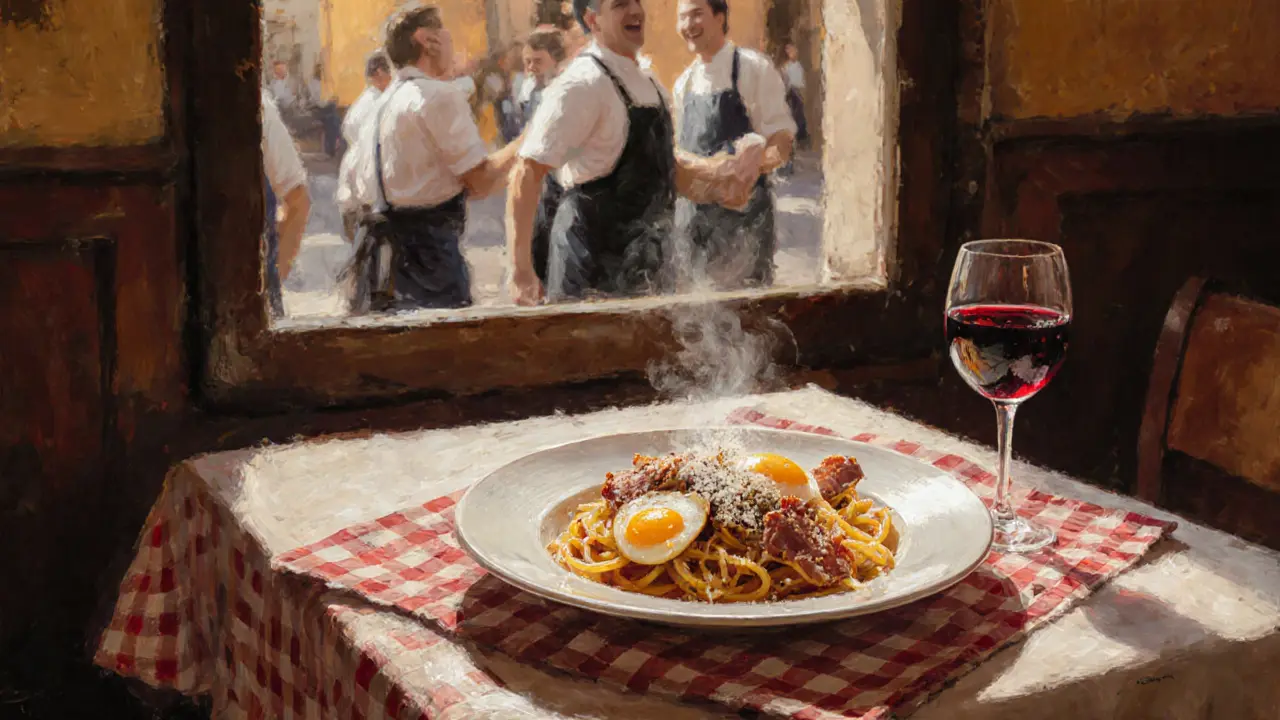 A plate of authentic Roman carbonara with guanciale and Pecorino on a checkered tablecloth in a cozy Trastevere trattoria.