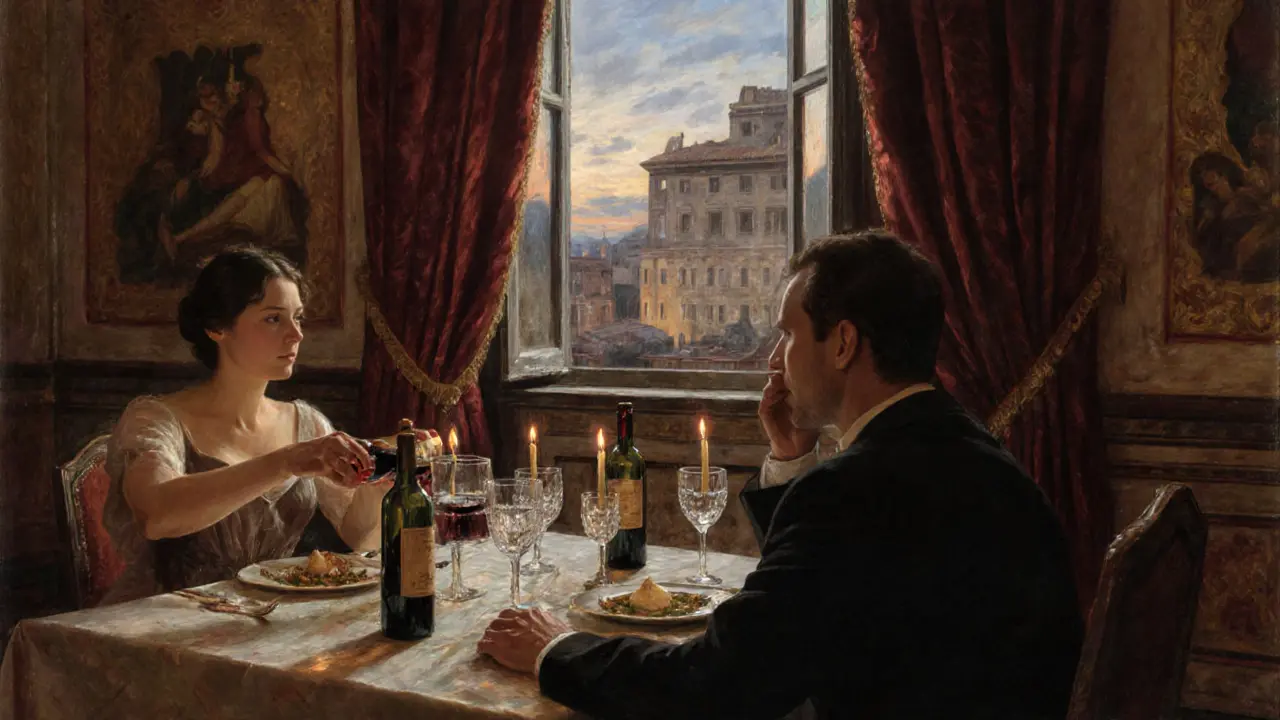 A private wine tasting in a grand Roman palace, candlelit and elegant, with no faces visible.