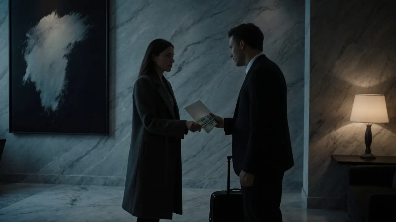 A professional encounter in a Milan apartment lobby, cash exchanged discreetly under soft evening light.