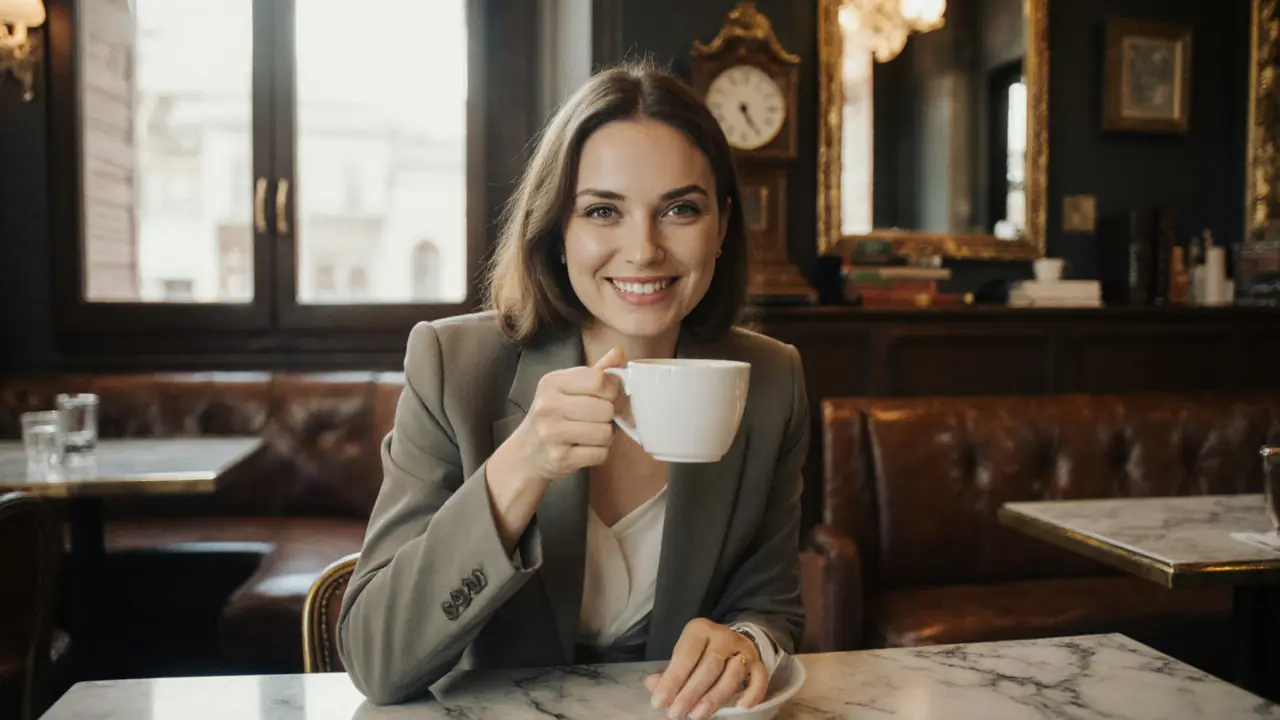 A professional woman sips espresso at Caffè Cova, dressed in elegant casual attire under natural daylight.