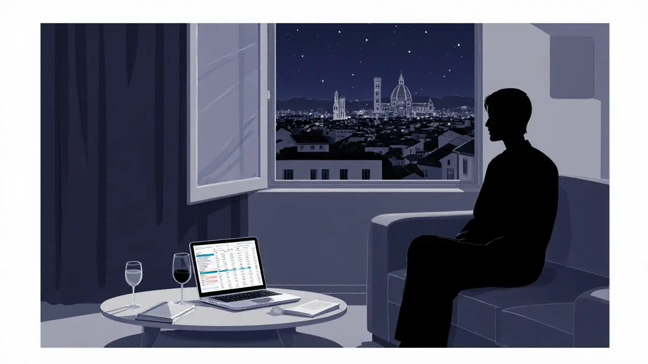 A quiet Florence apartment at night, with a traveler resting beside a companion, symbolizing peace after work.