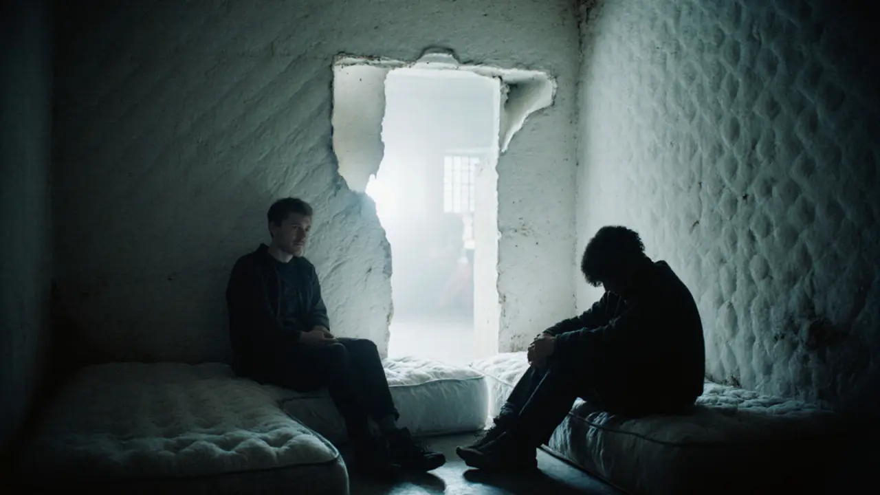 A quiet, foam-lined room where people sit in silence amid the distant rumble of music, one person crying, another laughing.