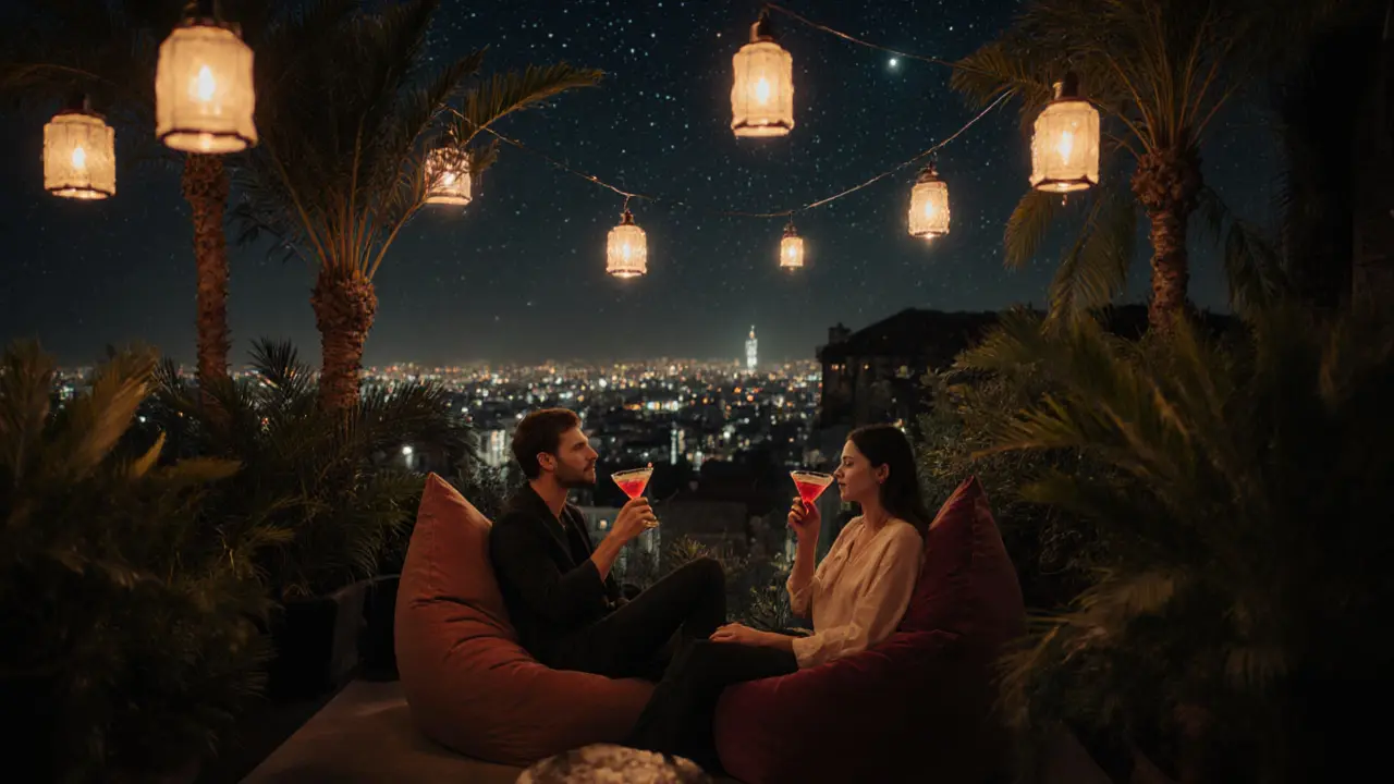 A quiet rooftop garden at dawn with hanging lanterns and people relaxing on bean bags, city lights twinkling in the background.