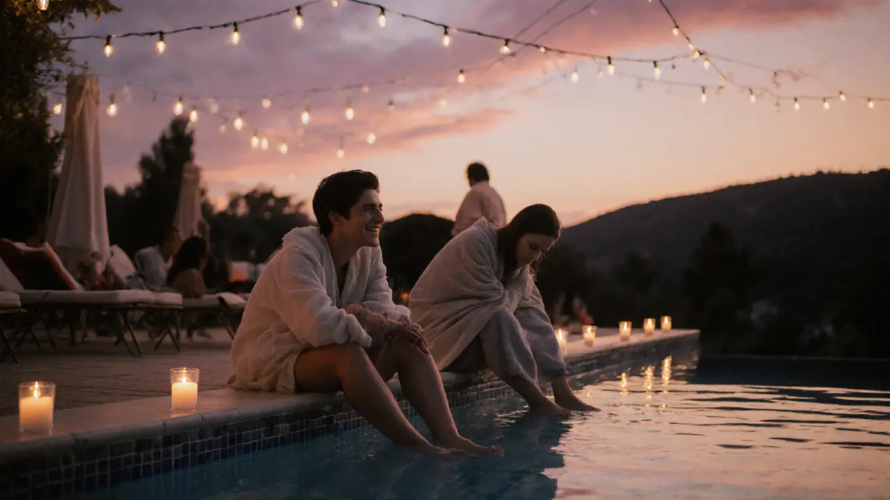 A small group lingers by a pool at sunset, candles glowing, towels wrapped, feet in the water.