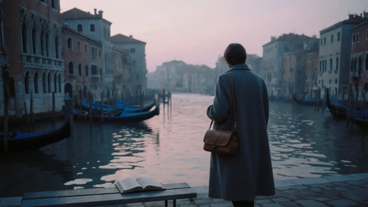 A solitary figure walks along the Navigli canal at dawn, a forgotten book on the bench behind her.