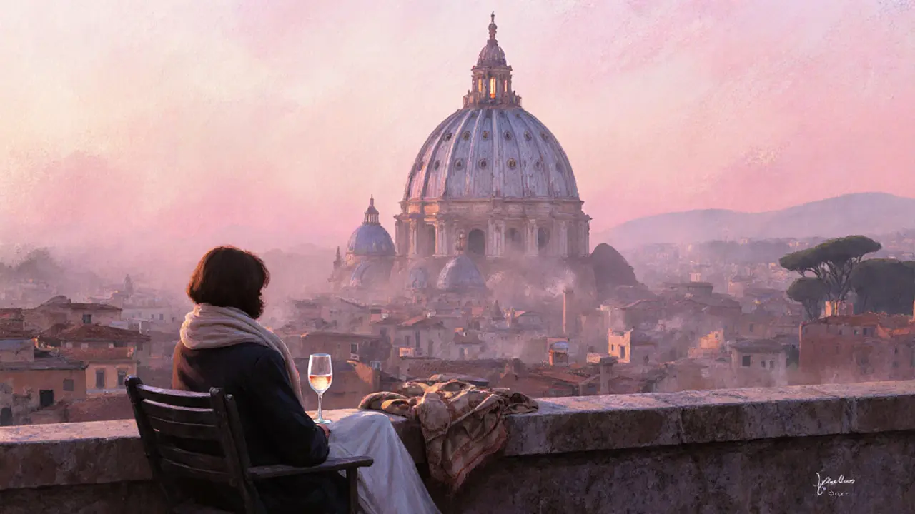 A solitary traveler sits on Pincio Terrace at sunrise, gazing at St. Peter’s Dome with a wine glass nearby.