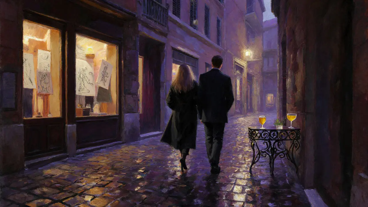 A stylish woman walks through Milan’s Brera district at twilight beside a man, past glowing design studios.
