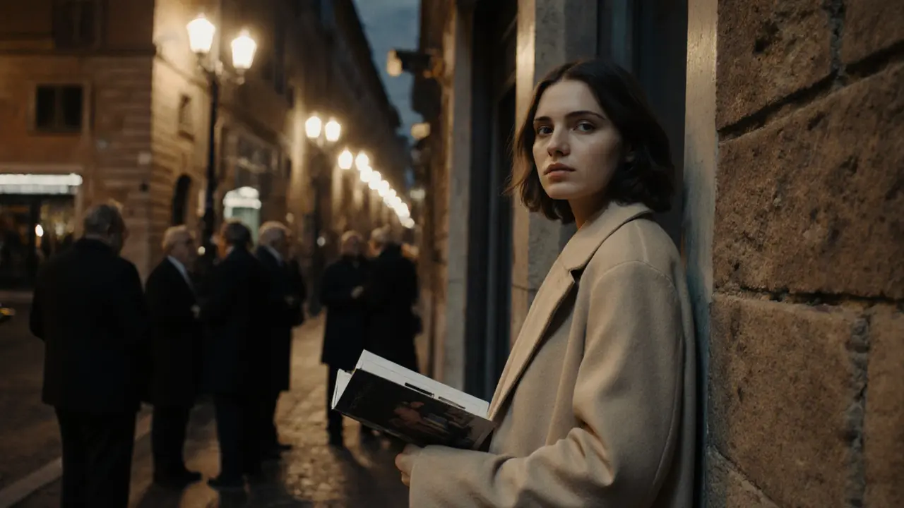 A woman in a beige coat stands quietly beside an art gallery in Brera at dusk, blending into the scene.