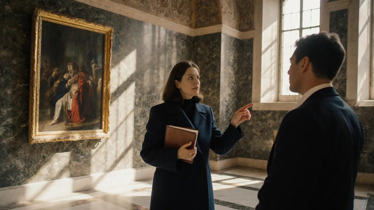 A woman in a navy coat shares insights about Renaissance art in the Uffizi Gallery.