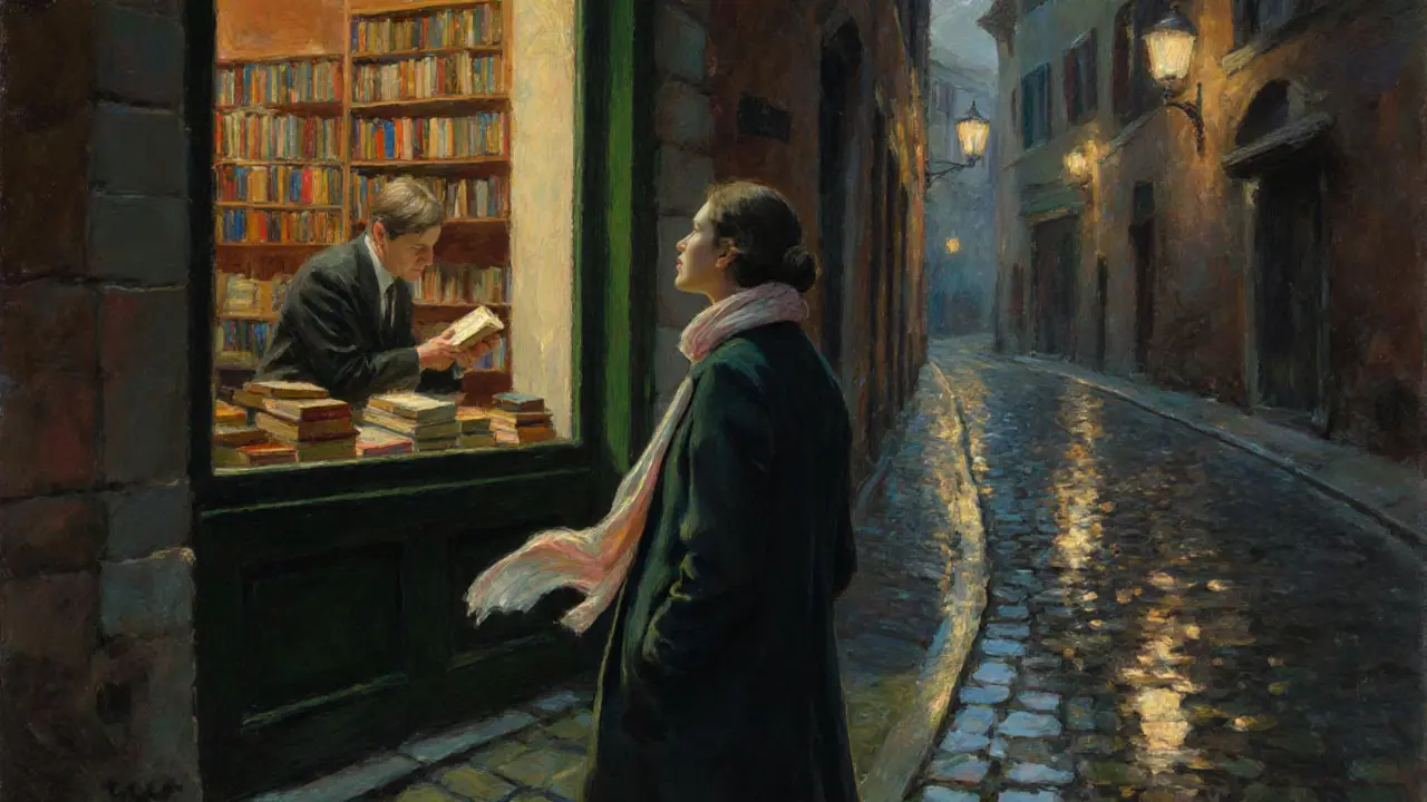 A woman in a tailored coat pauses in Brera’s alley, gazing at a bookshop window at dusk.