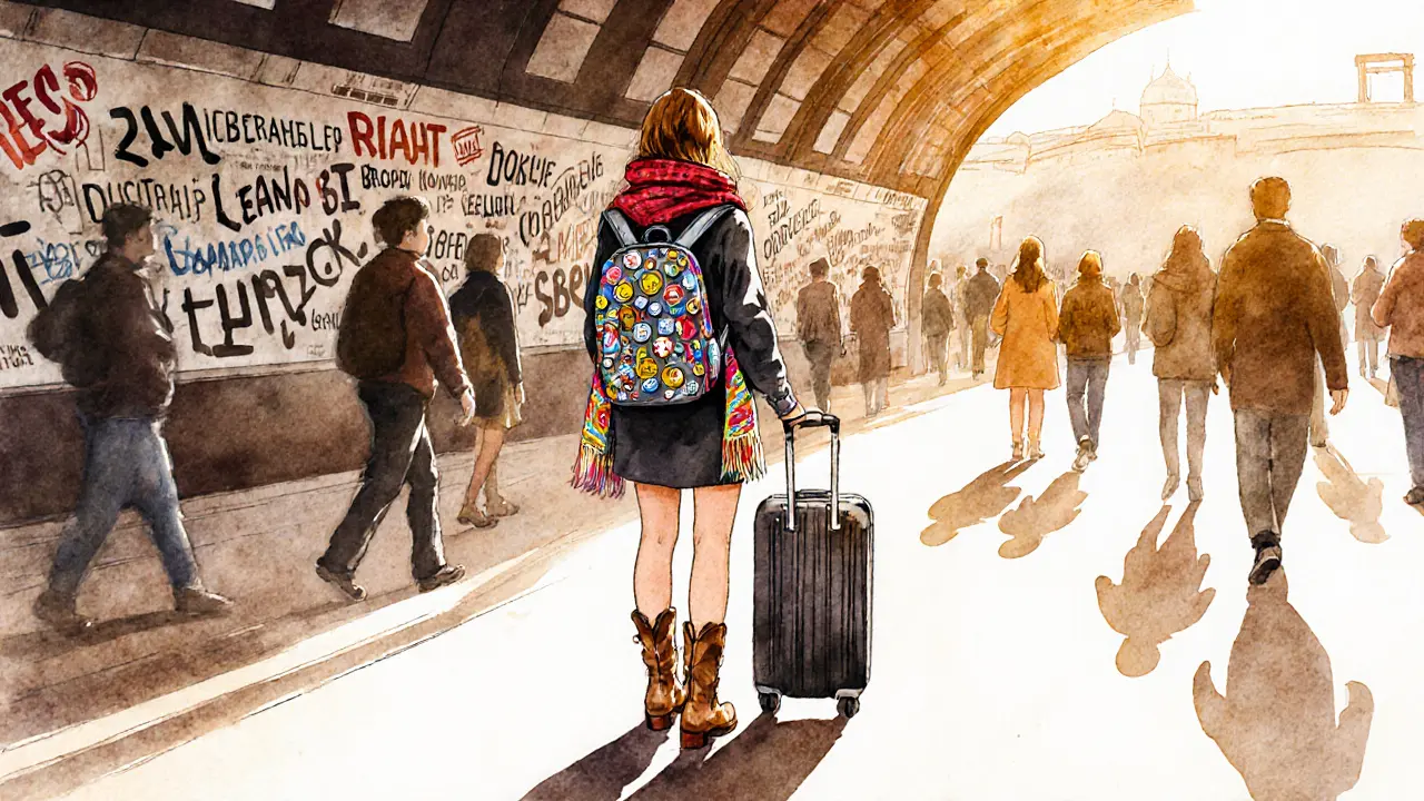 A woman on a Prague train platform with a handwoven scarf and city-pin-covered backpack, golden hour lighting.