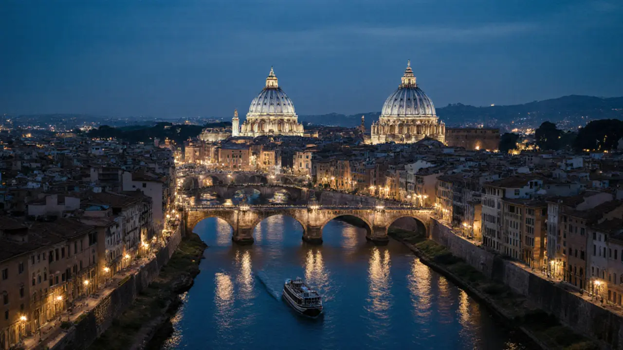 Aerial view of Rome’s illuminated domes and river at midnight, serene and dreamlike.