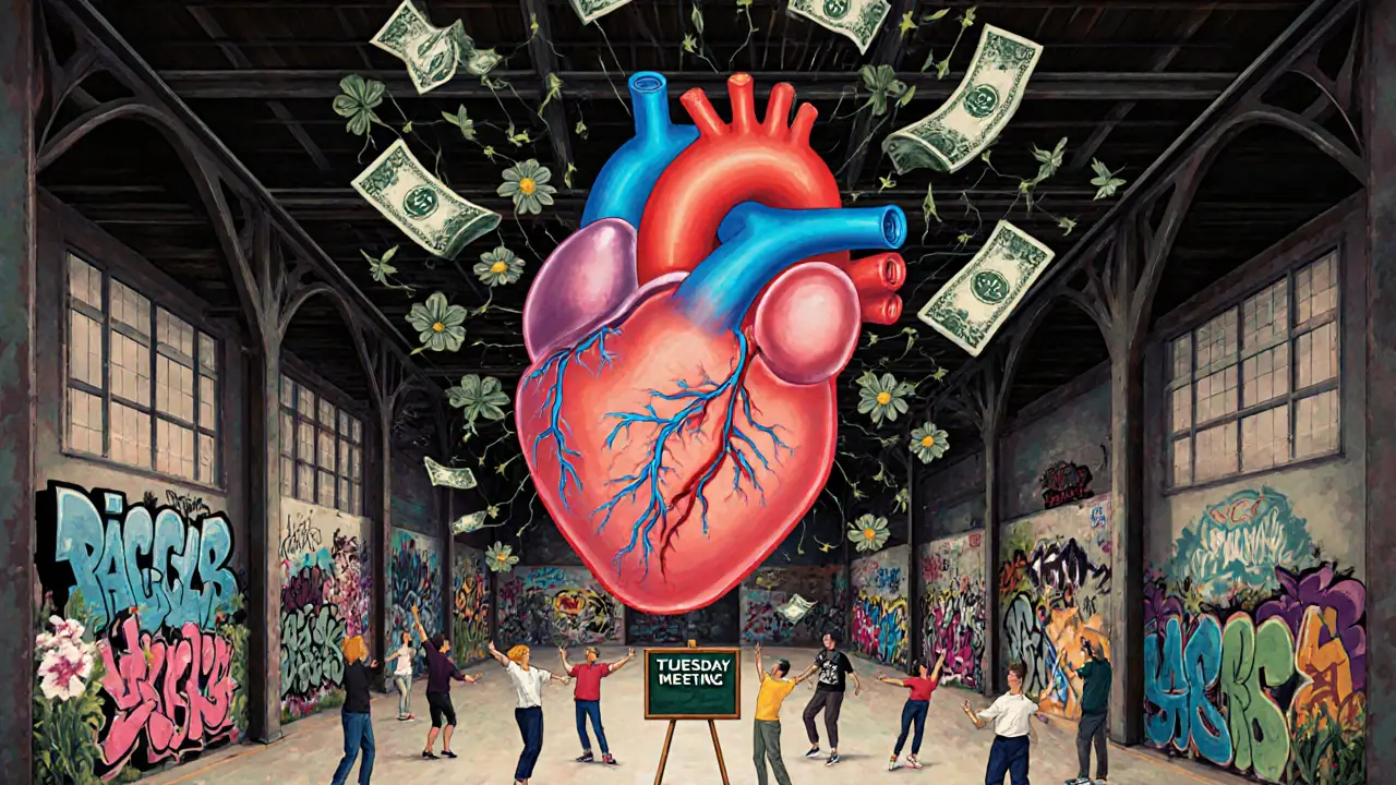 An artistic representation of the warehouse as a living heart, with soundwaves connecting people and graffiti blooming like flowers.