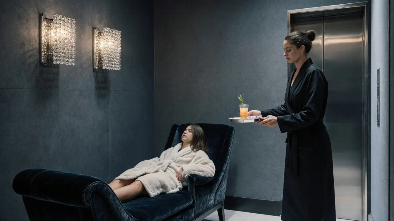 An upscale massage suite with velvet furnishings and a therapist offering herbal tonic, exuding luxury and privacy.