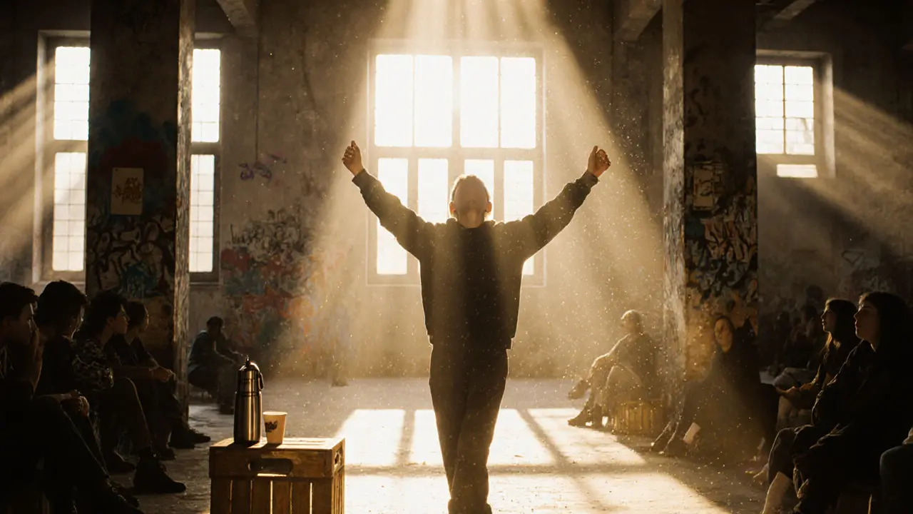 At dawn, a solitary dancer stands still as sunlight enters the warehouse, surrounded by quiet revelers after the music ends.