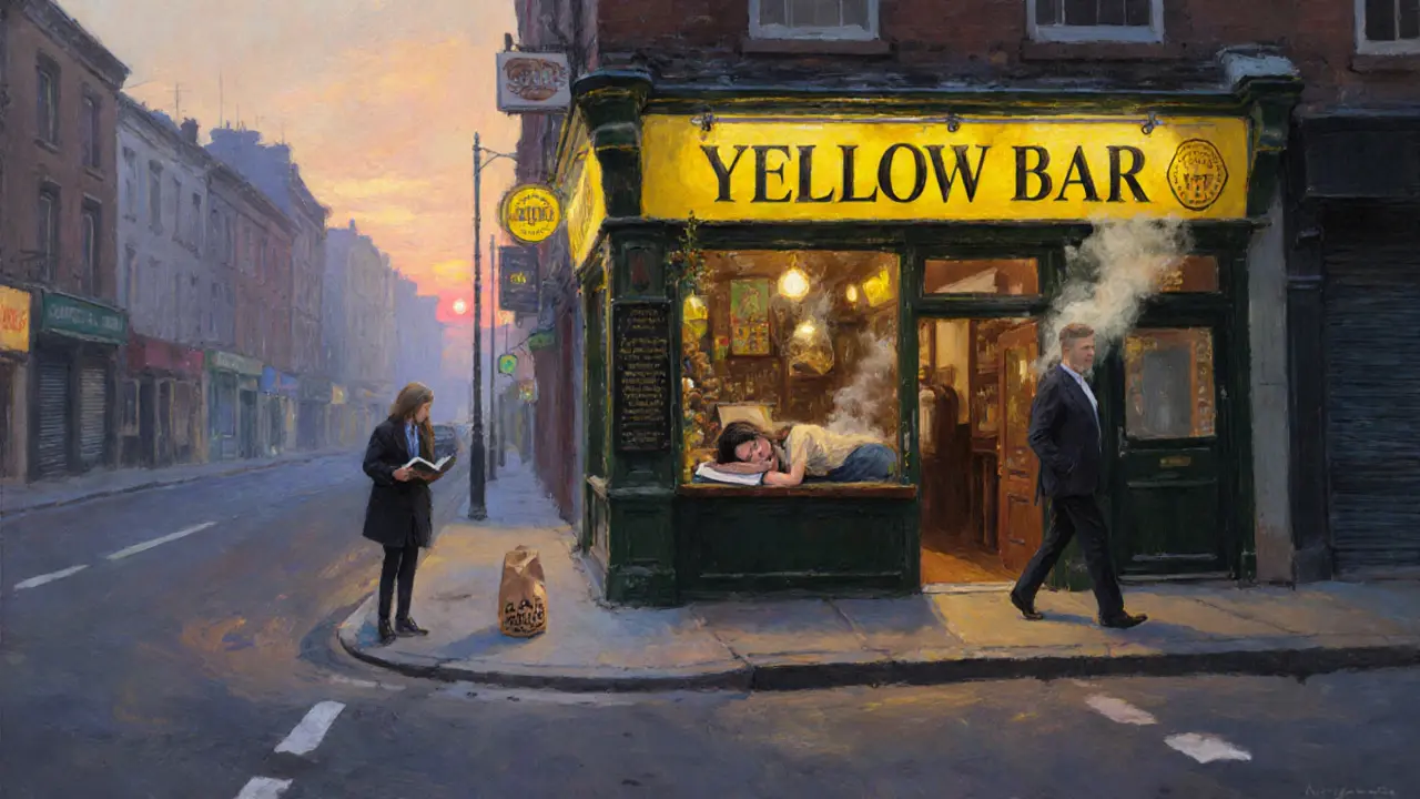 At sunrise, the yellow-lit bar remains open as the city awakens, steam rising from a warm drink.