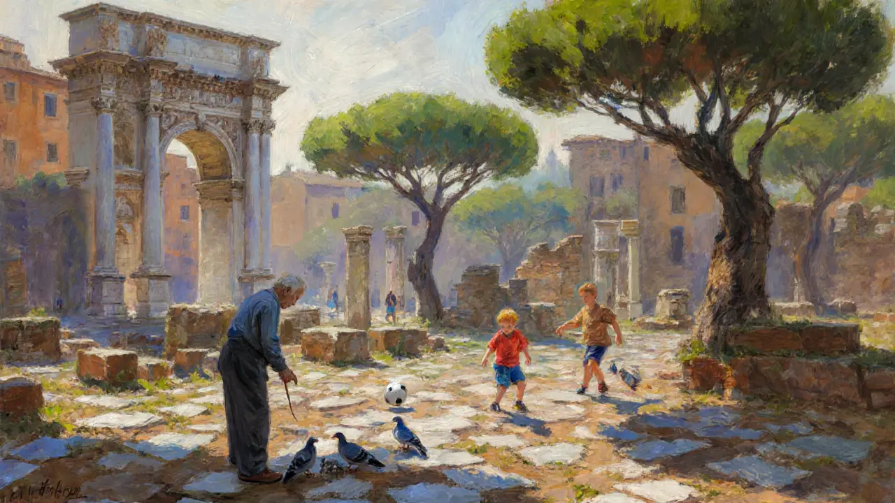 Children playing soccer among ancient ruins in the Roman Forum while an elder feeds pigeons.