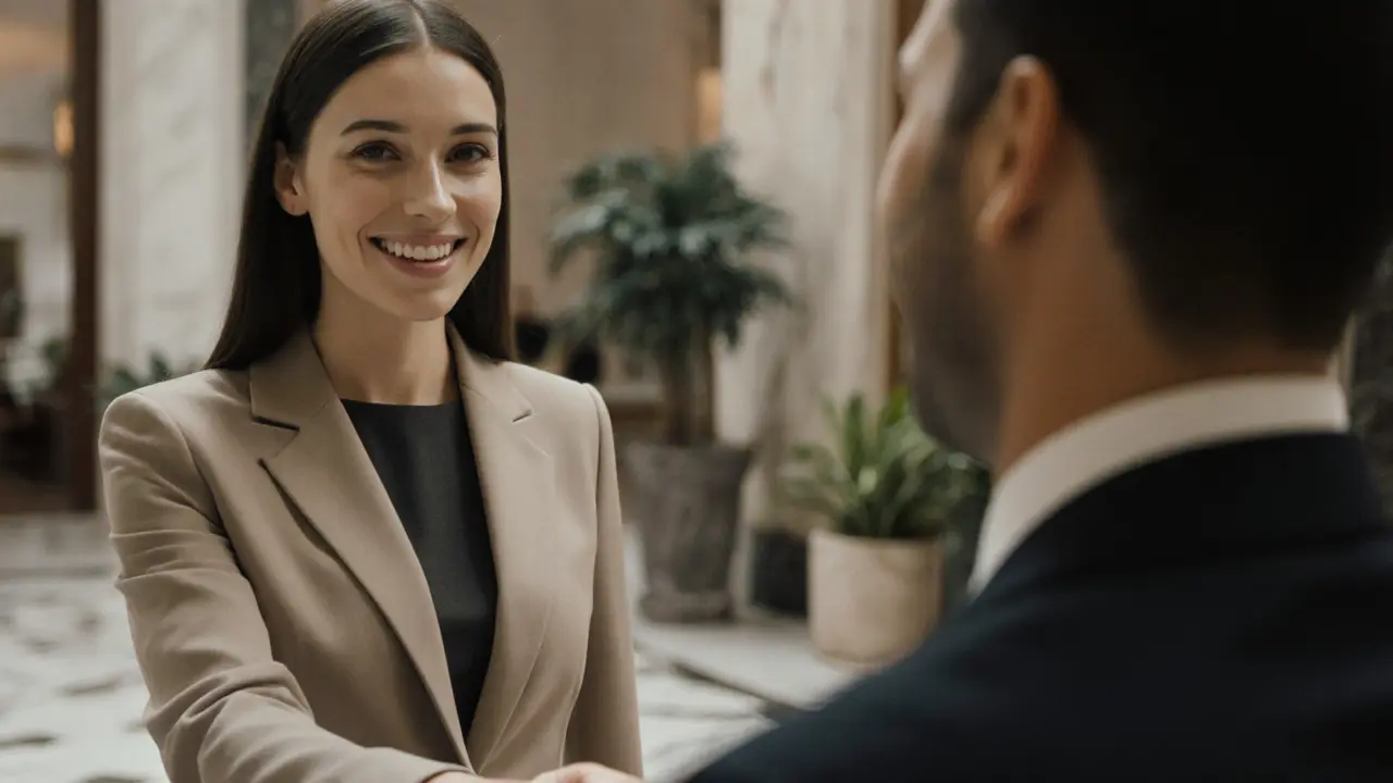 Client and escort meeting respectfully in a hotel lobby