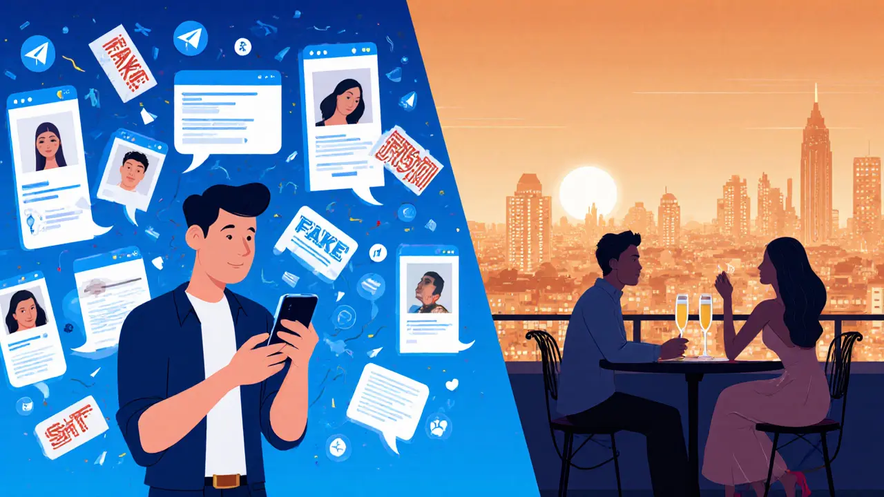 Contrasting scenes: chaotic online scams versus a calm, authentic meeting at a Milan rooftop bar.