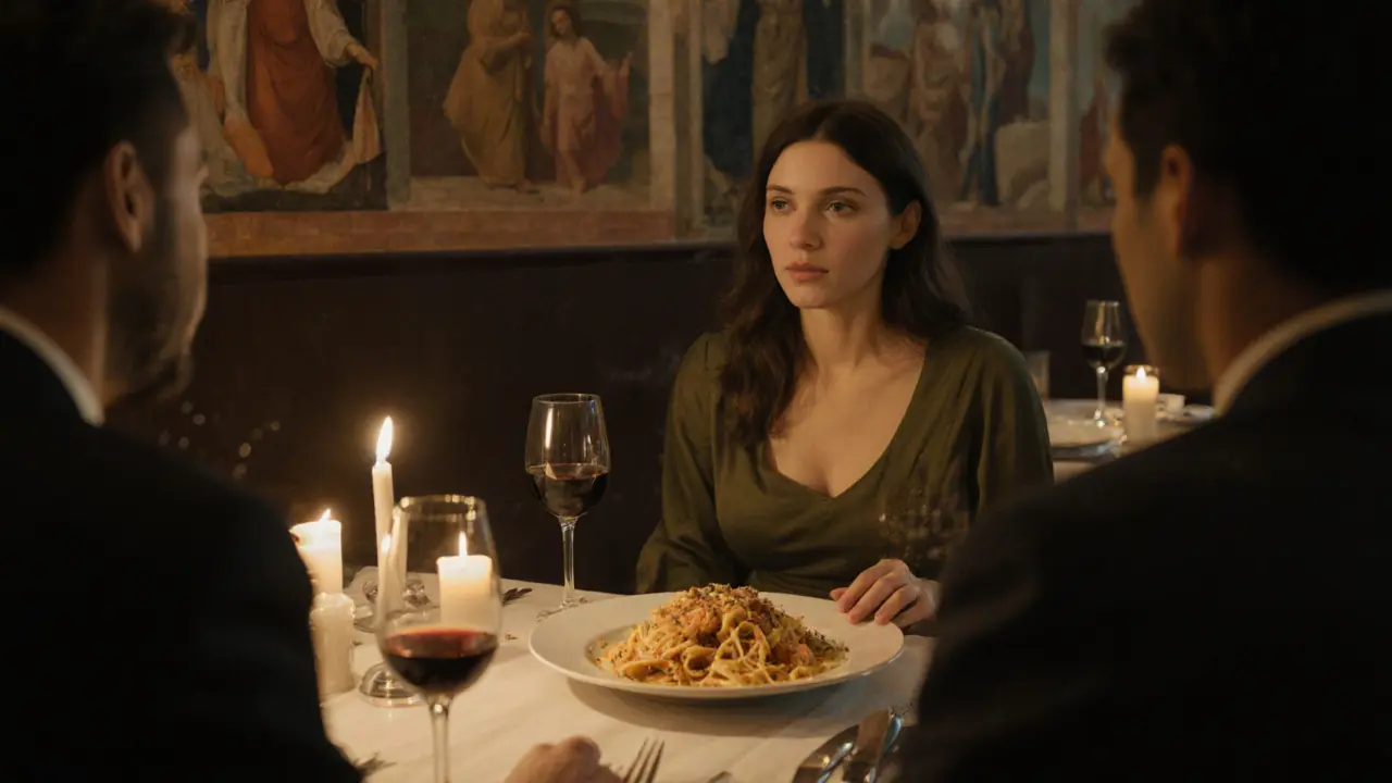 Couple sharing a quiet dinner at a Roman osteria, candlelight reflecting on wine glasses and food on a marble table.
