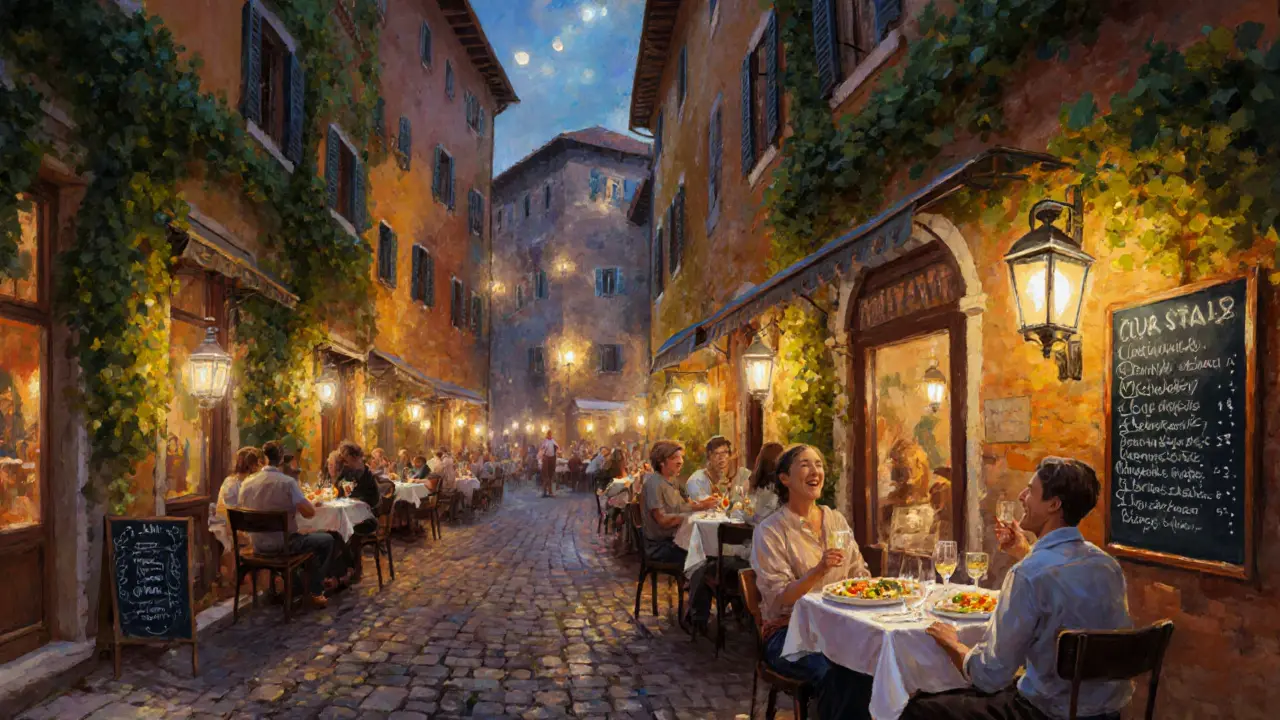 Cozy Trastevere alley with lantern-lit restaurants and diners enjoying Italian food under ivy-covered buildings.