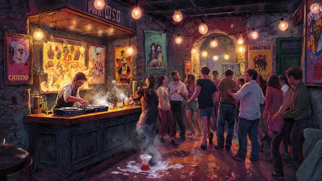 Crowded Trastevere club with locals dancing under string lights and a long bar line.