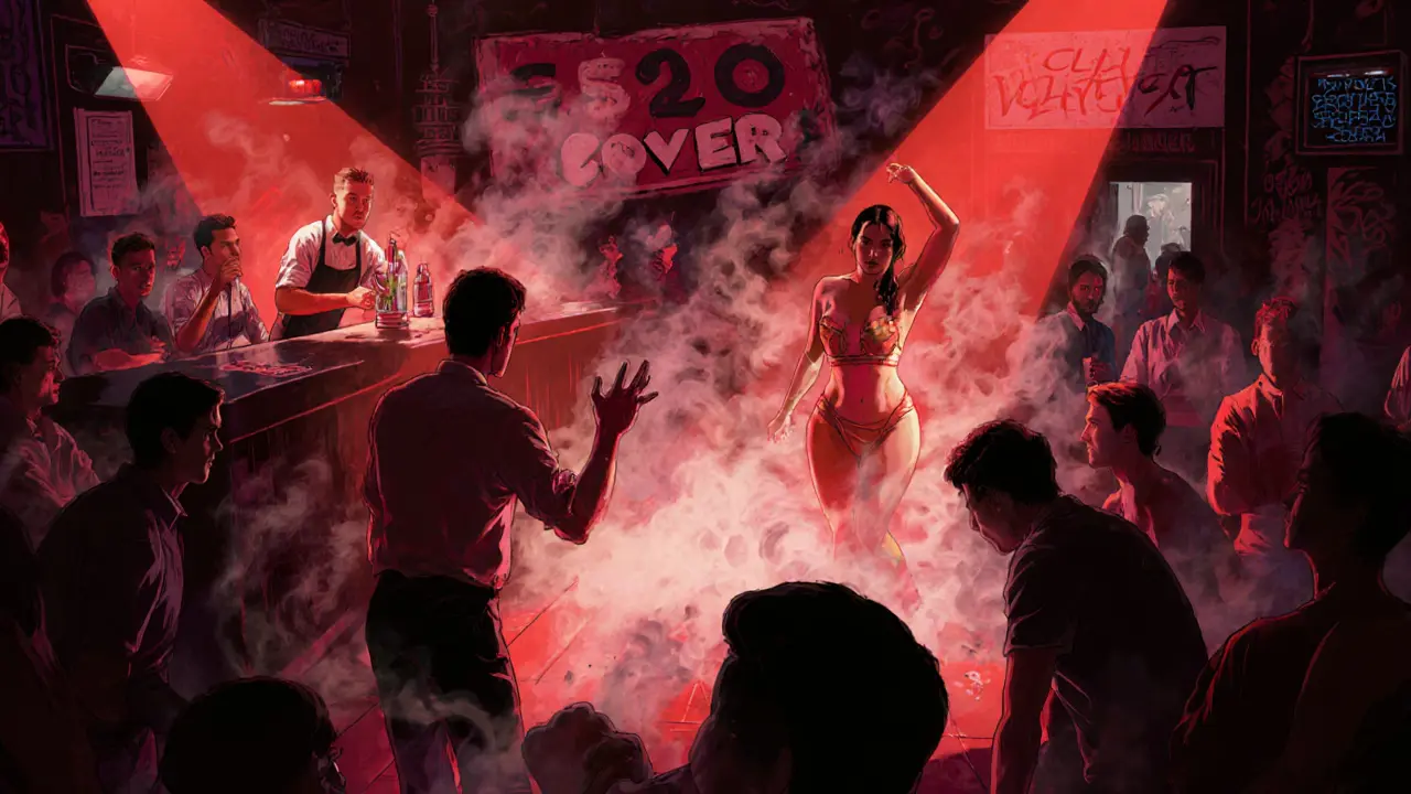 Dim, chaotic strip club with red lighting and aggressive staff pushing drinks to crowded patrons.