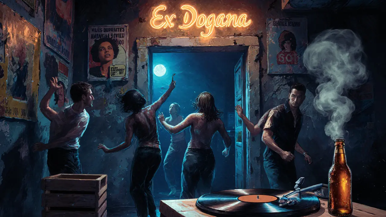 Dim underground club with dancers under neon lights, no signs or text visible.
