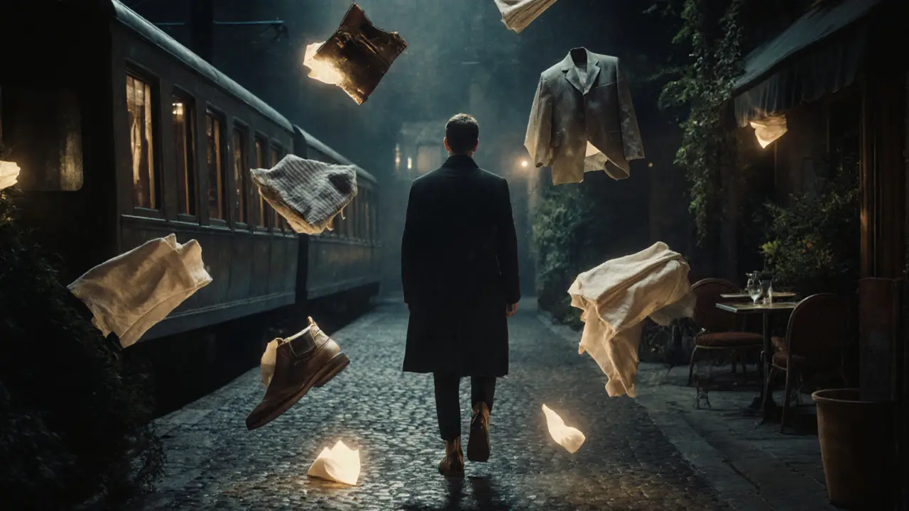 Floating fragments of fabric drift through a dreamlike Milan night, symbolizing quiet, earned intimacy.