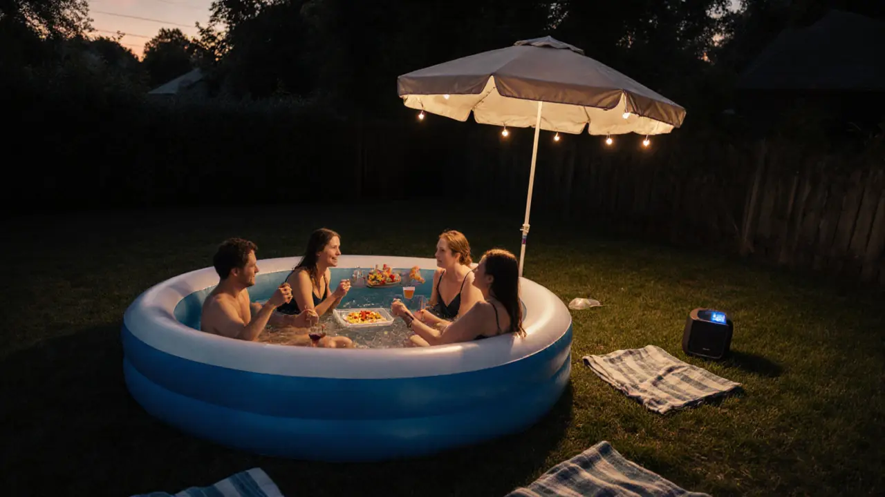 Four people relax in an inflatable pool at twilight, sharing snacks under a canopy with soft music playing.