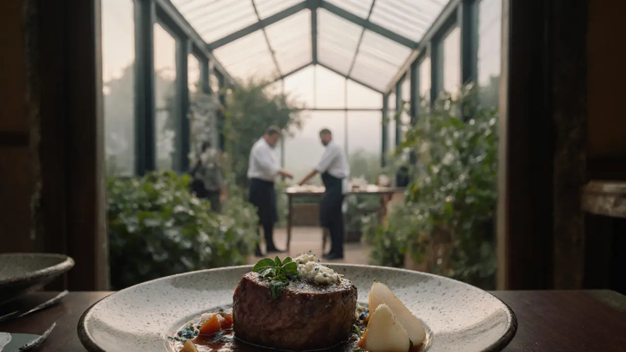 Glass conservatory dining space overlooking a misty garden with seasonal dishes on ceramic plates.