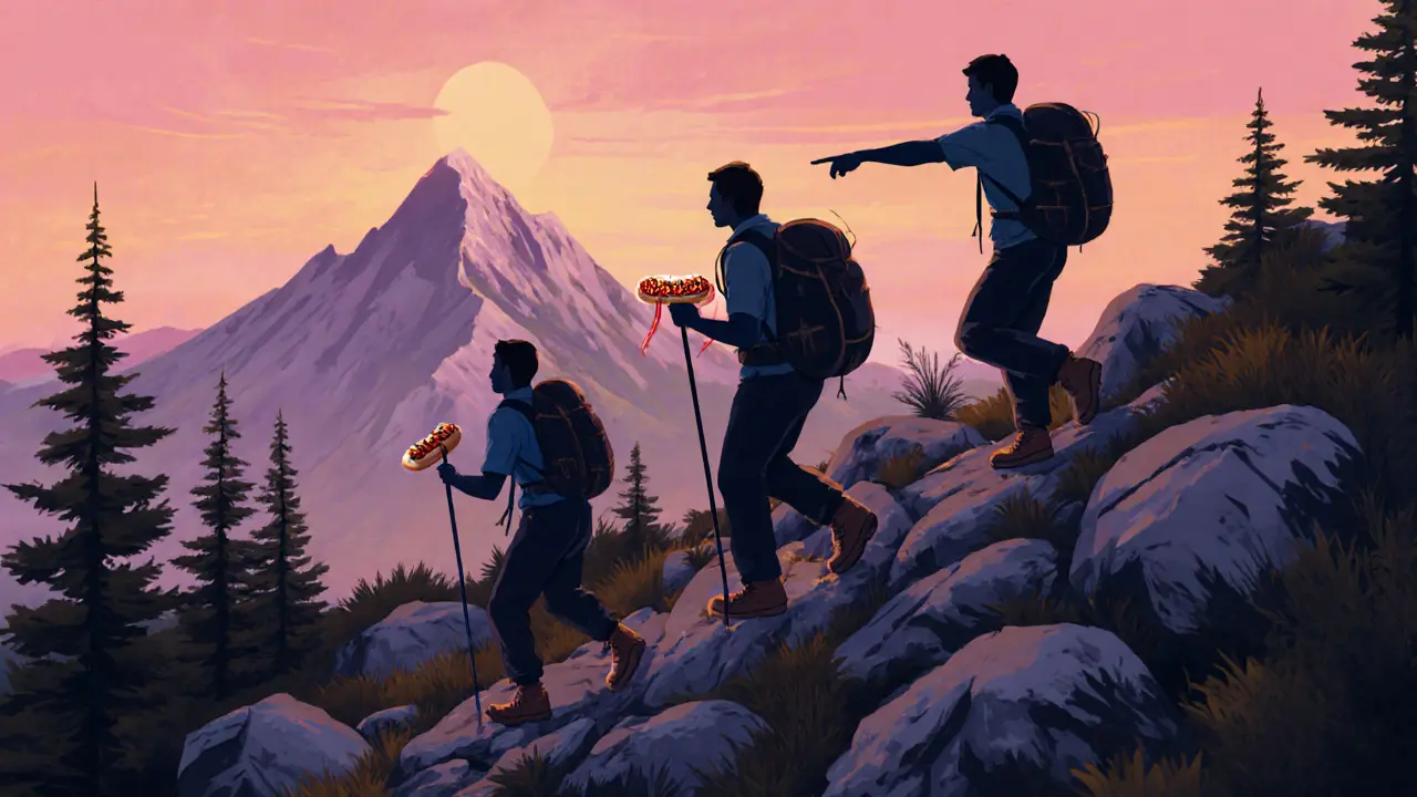 Group hiking at dawn in Acadia National Park holding lobster rolls