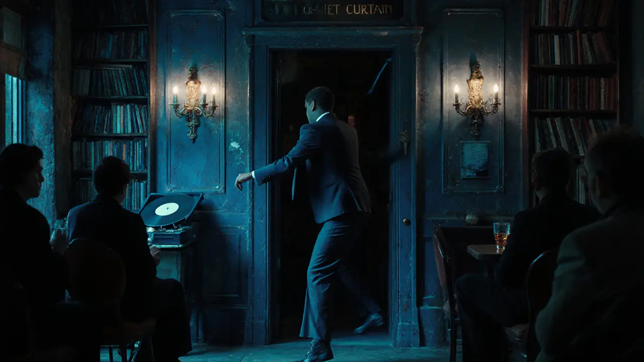 Hidden nightclub behind a bookshop, dimly lit with a dancer moving like a silent performer.