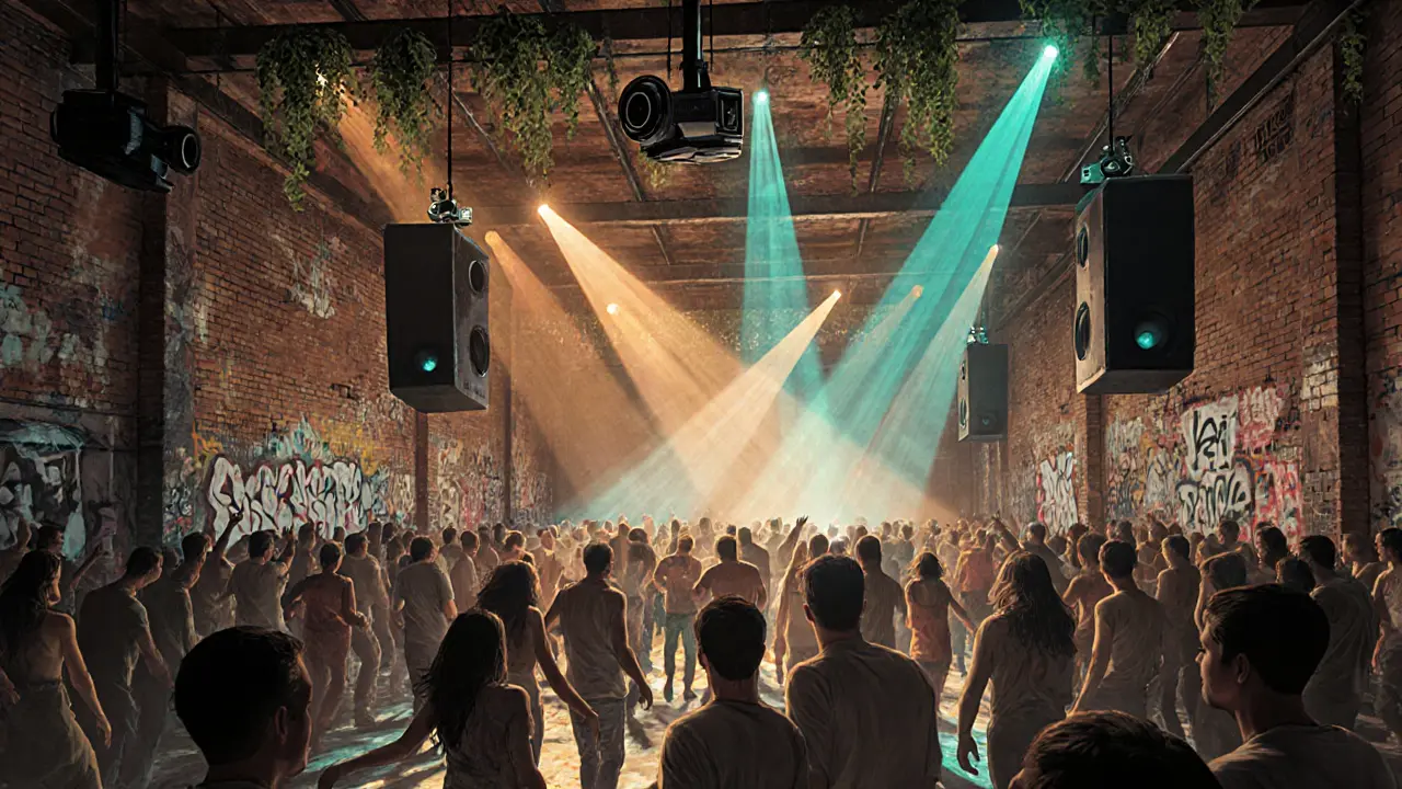 Industrial warehouse rave in Ostiense with vibrant lights and a moving crowd under haze and projections.