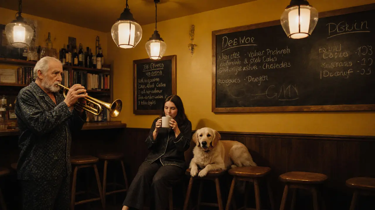 Inside a quiet bar, a jazz drummer plays softly as patrons relax in warm, dim lighting.