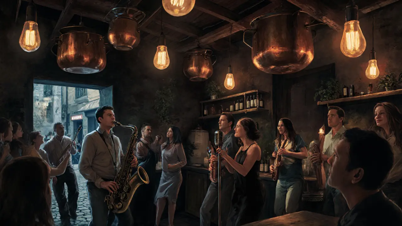 Intimate jazz performance in a converted kitchen, patrons swaying under warm lights with herbs and bottles in background.