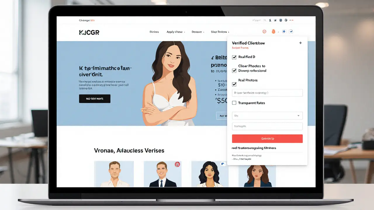 Laptop screen displaying a professional escort service website with clear pricing and verified reviews.