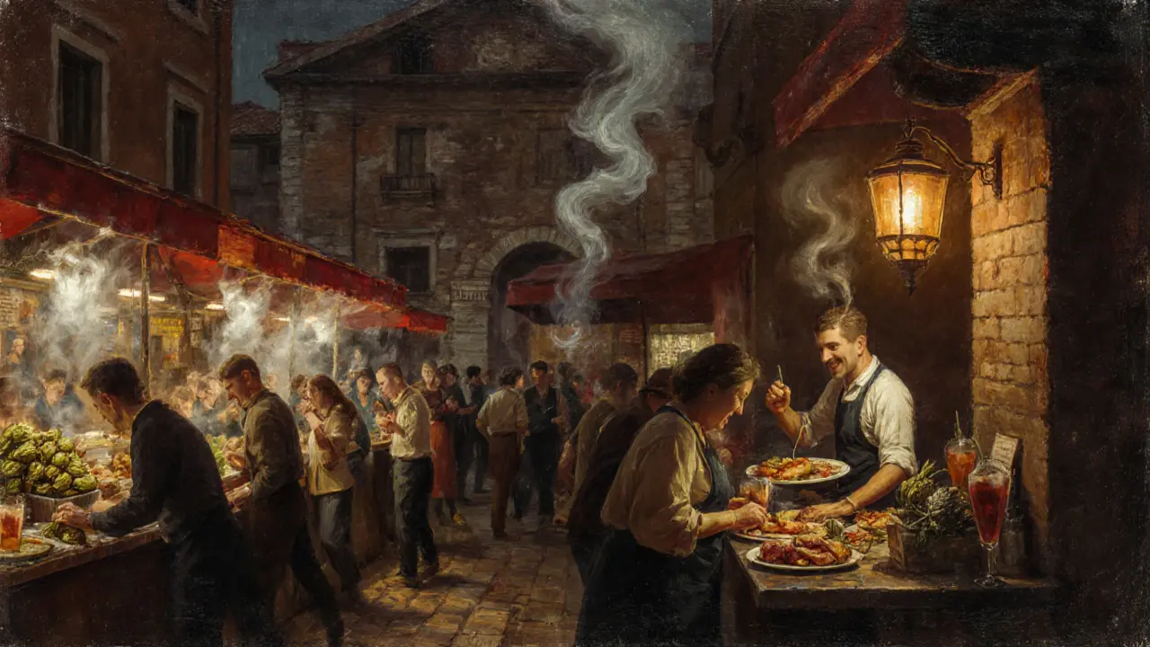 Late-night food market in Testaccio with steaming street food and patrons enjoying cocktails under warm lamps.