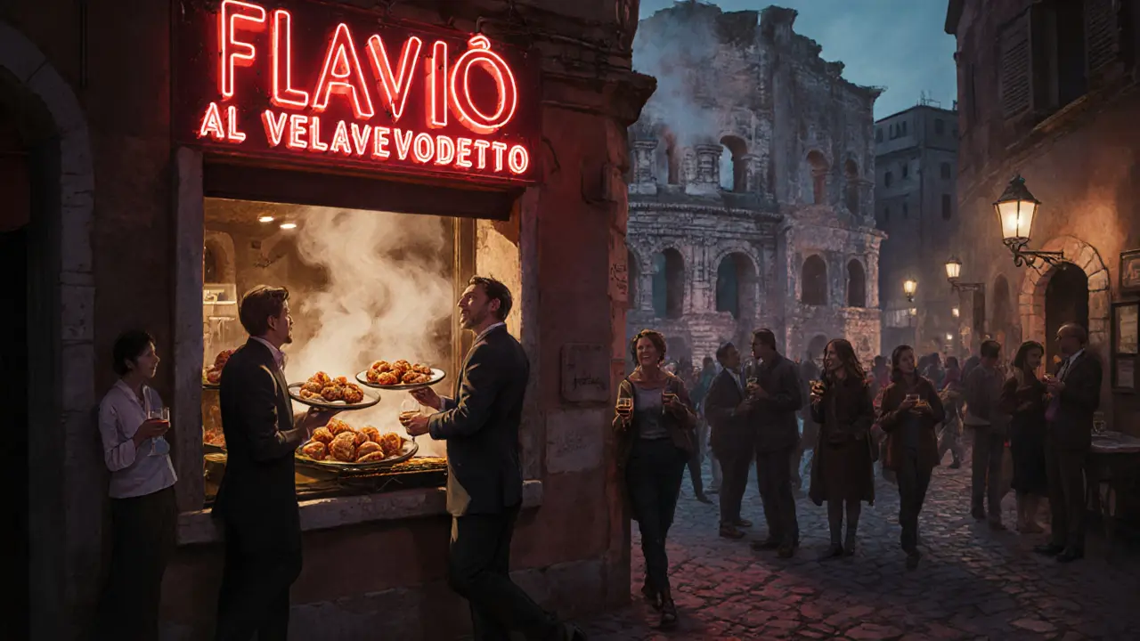 Late-night food stall in Testaccio serving crispy supplì, patrons enjoying food near Roman ruins under warm lighting.