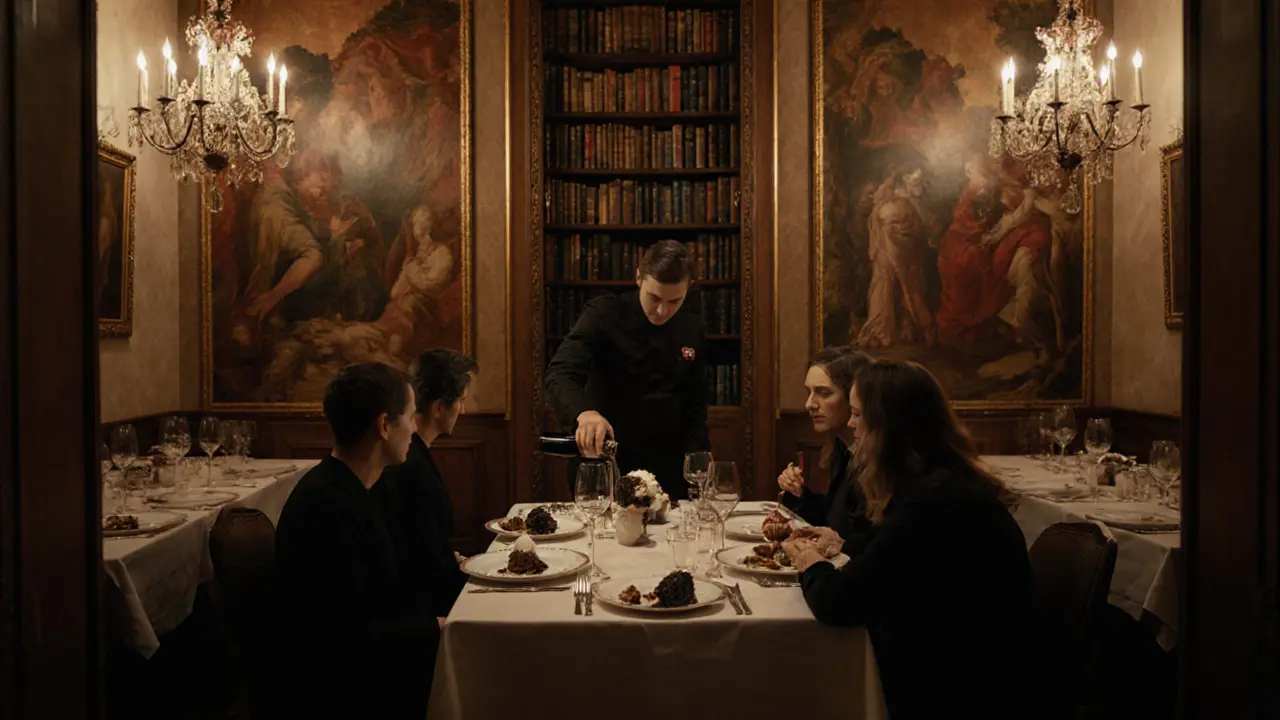 Luxurious private room with frescoed walls and sommelier pouring wine under crystal chandeliers.