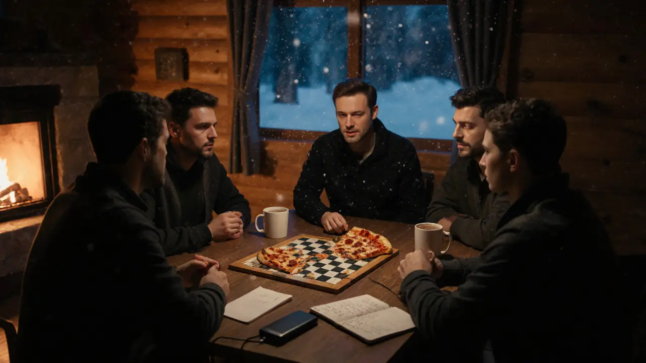 Men playing board game by firelight in cozy cabin with snow outside