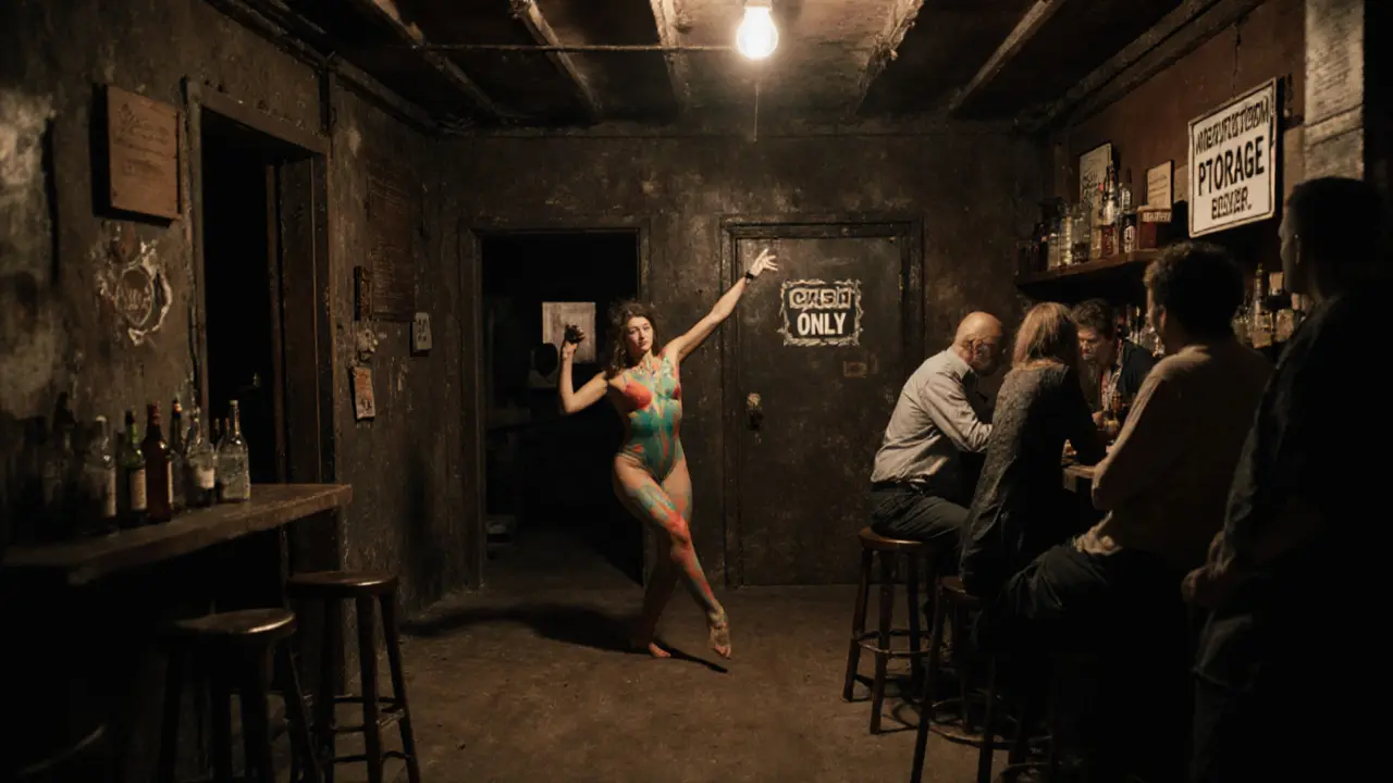 Midnight Mirage&#039;s intimate stage with a dancer in body paint under a single bulb.