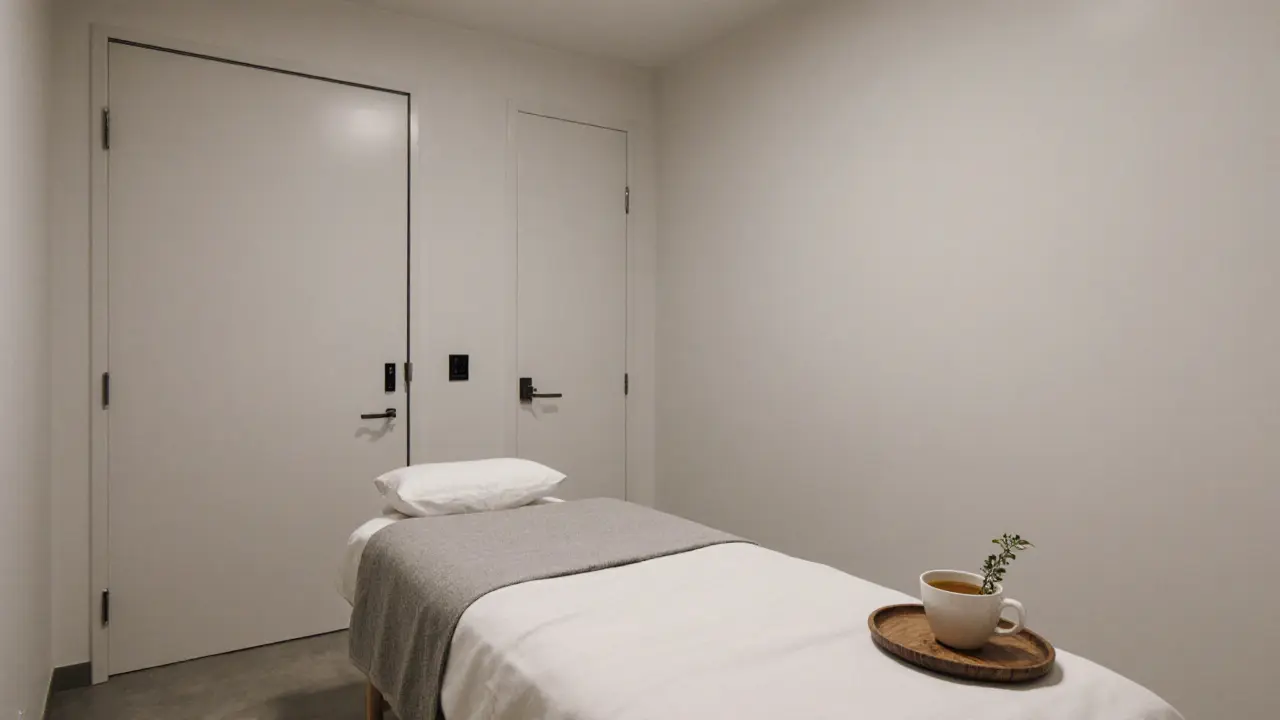 Modern massage studio in Prati with soft lighting and a tea tray.