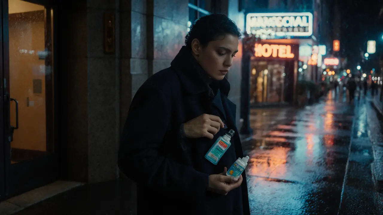 Person placing protection in pocket before entering a hotel, symbolizing safety and preparedness.